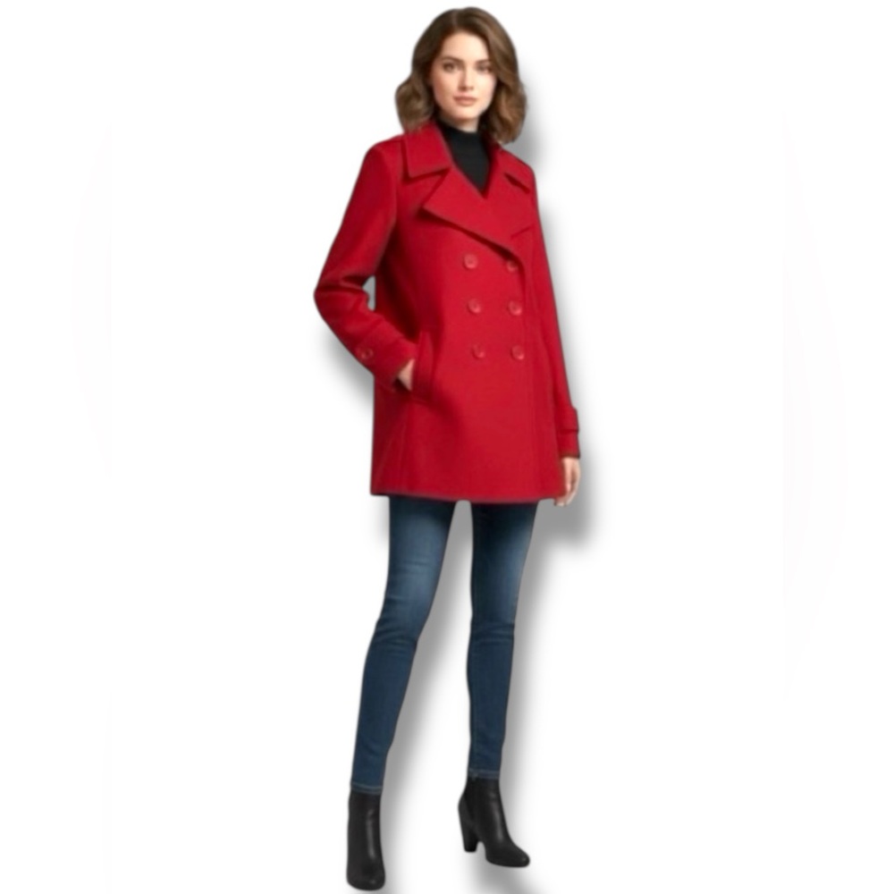 New York & Company Vintage Y2K Pea Coat Red Wool Double-Breasted Classic Size S